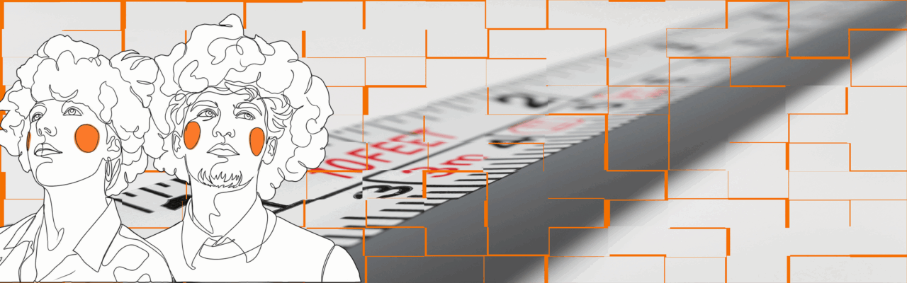 Deux apprenants dessinés d'un trait continu, un mètre ruban déplié et un motif de rectangles orange