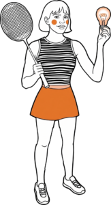 Illustration au trait : une joueuse tient une raquette et une ampoule