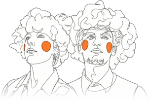 Illustration au trait : deux apprenants regardent vers le haut