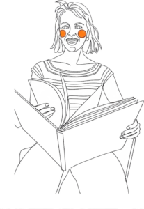 Illustration au trait : une femme tient un référentiel ouvert